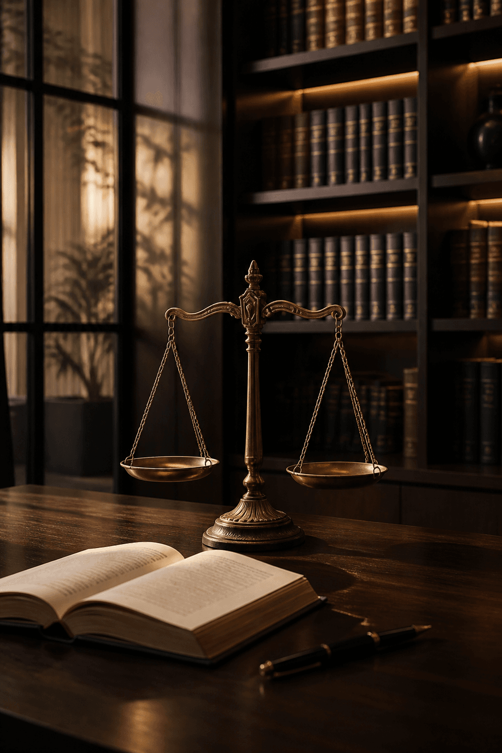 Balança da justiça sobre uma mesa em escritório jurídico
